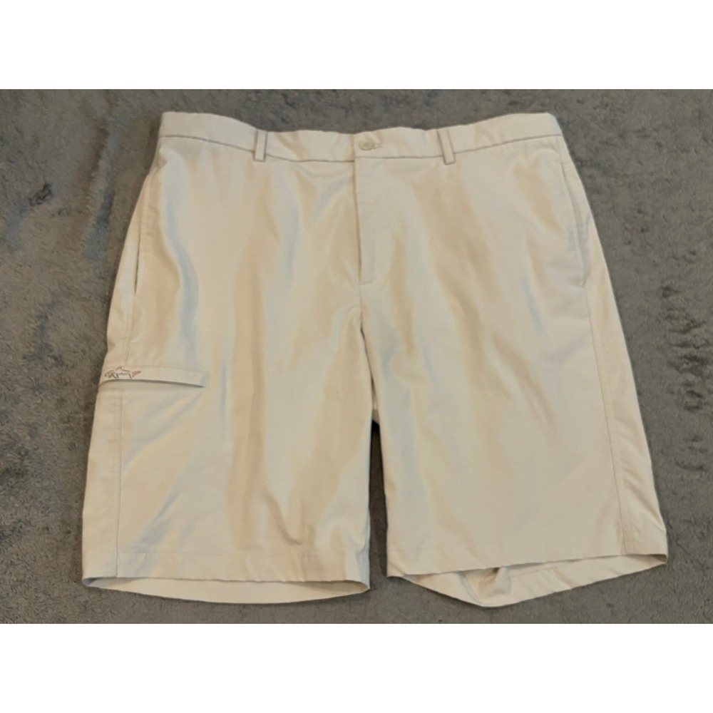 Greg Norman Shark Men 38 Tan Beige Golf Shorts Performance Stretch Flat Front